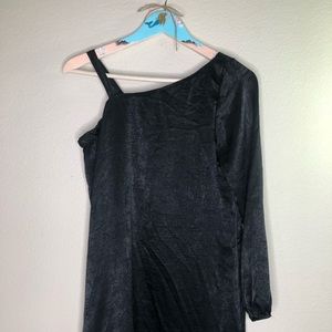 Vanity Room Black Satin One Shoulder Sleeve dress